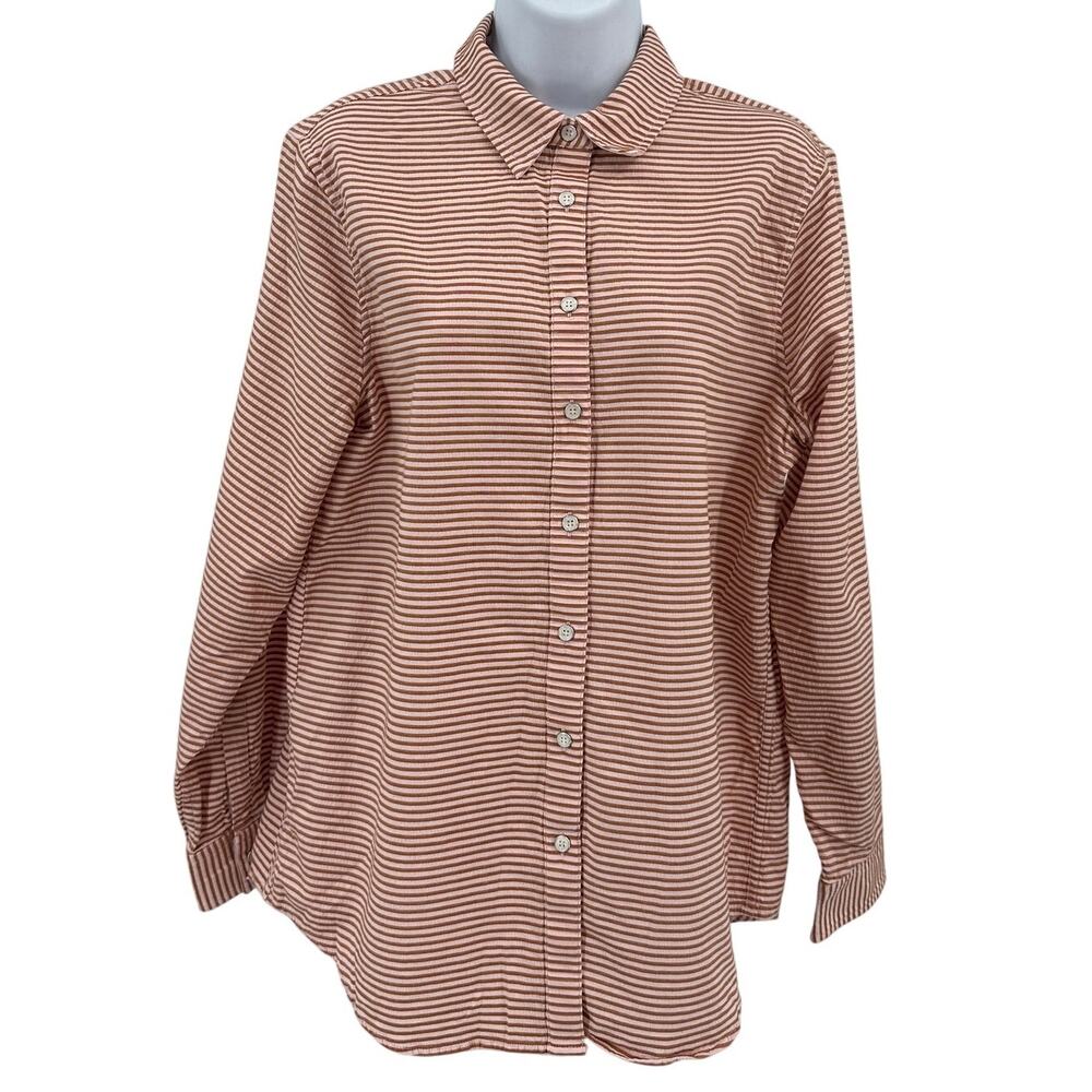 Lands' End Shirt Women M Brown Pink Stripe Button Up Long Sleeve Collared Casual